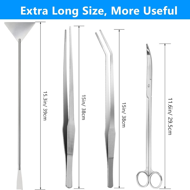 Liveek Aquarium Aquascape Tools Kit 15in, 4 in 1 Anti-Rust Aquatic Plant Aquascaping Tool Stainless Steel Tweezers Scissor Spatula for Aquarium Tank Clean Fish Tank Aquascape Accessories Set(Silver) - Image 2